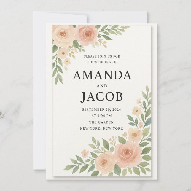 Elegant Blush Watercolor Floral Wedding Invitation Einladung (Vorderseite)