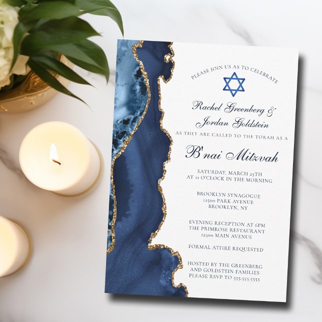 Elegant B'nai Mitzvah Navy Blue Gold Agate Party Einladung (Von Creator hochgeladen)