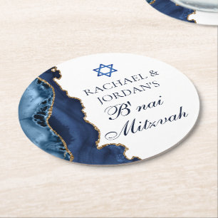 Elegant B'nai Mitzvah Navy Blue Gold Agate Party Runder Pappuntersetzer