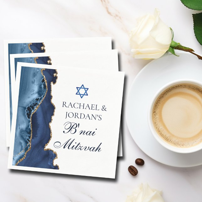 Elegant B'nai Mitzvah Navy Blue Gold Agate Party Serviette (Von Creator hochgeladen)