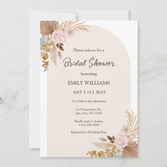 Elegant Bohemian Floral Pampas Grass Bridal Shower Einladung (Vorderseite)