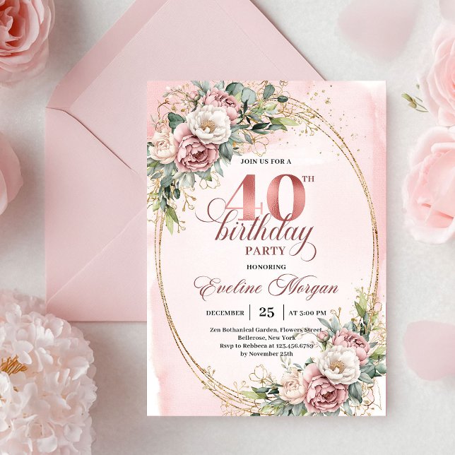 Elegant Bohemian Powder Pink Flowers 40th Birthday Einladung (Elegant Bohemian Powder Pink Flowers 40th Birthday Invitation)