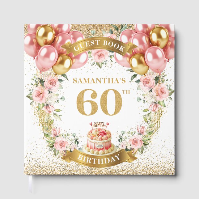 Elegant Boho 60th Birthday Gästebuch Gold Glitzer (Vorderseite)