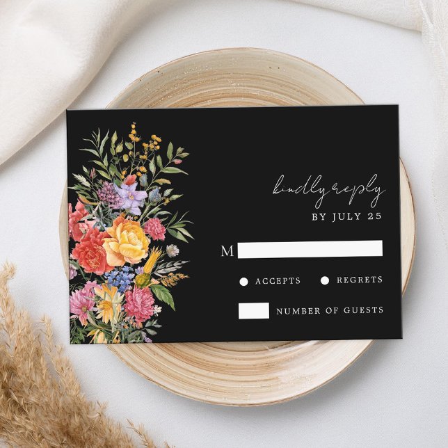 Elegant Boho Black Dutch Floral Wedding RSVP Karte (Von Creator hochgeladen)