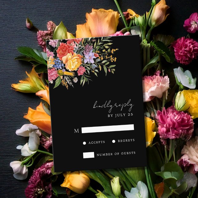 Elegant Boho Black Dutch Floral Wedding RSVP Karte (Von Creator hochgeladen)