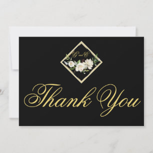 Elegant Boho Black Floral Gold Wedding Monogram Dankeskarte