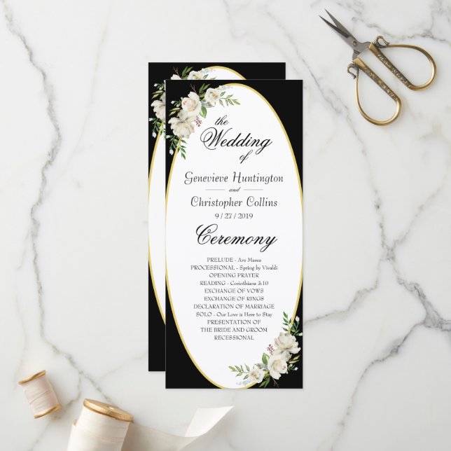 Elegant Boho Black Floral Wedding Zeremonie Programm (Vorderseite/Rückseite Beispiel)