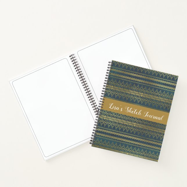 Elegant Boho Blue and Gold Stripe Sketch Notizbuch (Innenseite)
