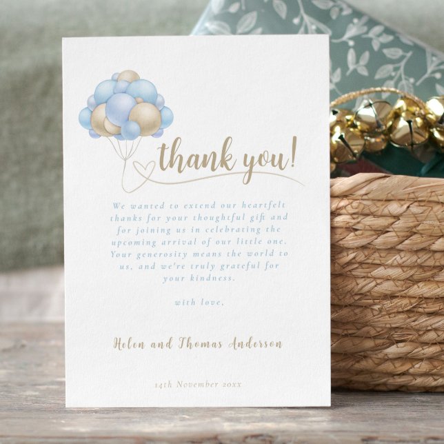 Elegant Boho Blue Balloon Baby Shower Dankeskarte (Elegant Boho Blue Balloon Baby Shower Thank You Card)