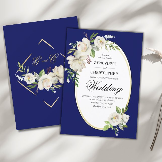 Elegant Boho Blue Floral Gold Hochzeit Einladung (ELEGANT CLASSY BLUE BOHO WHITE ROSE FLORAL WEDDING INVITATION)
