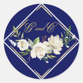 Elegant Boho Blue Floral Gold Wedding Monogram Runder Aufkleber