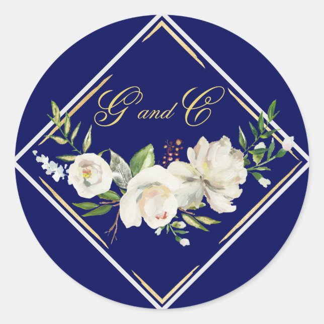 Elegant Boho Blue Floral Gold Wedding Monogram Runder Aufkleber (Vorderseite)