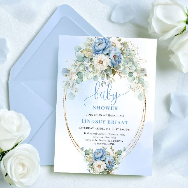 Elegant Boho Blue Floral Greenery Gold Baby Shower Einladung (Elegant Boho Blue Floral Greenery Gold Baby Shower)