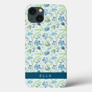 Elegant Boho Blue Green Watercolor Blume Name Ca Case-Mate iPhone Hülle