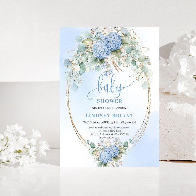 Elegant Boho Blue Hydrangea Gold Baby Shower Einladung (Elegant Boho Blue Hydrangea Gold Baby Shower Invite)