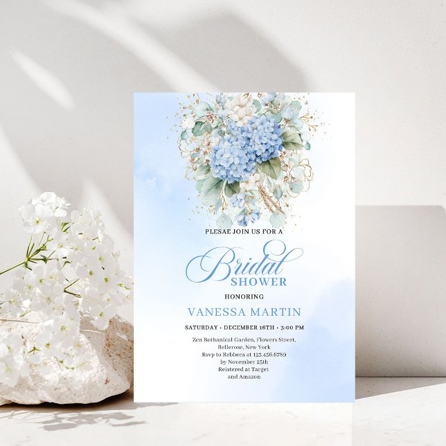 Elegant Boho Blue Hydrangea Gold Bridal Invitation Einladung (Elegant Boho Blue Hydrangea Gold Bridal Invitation)