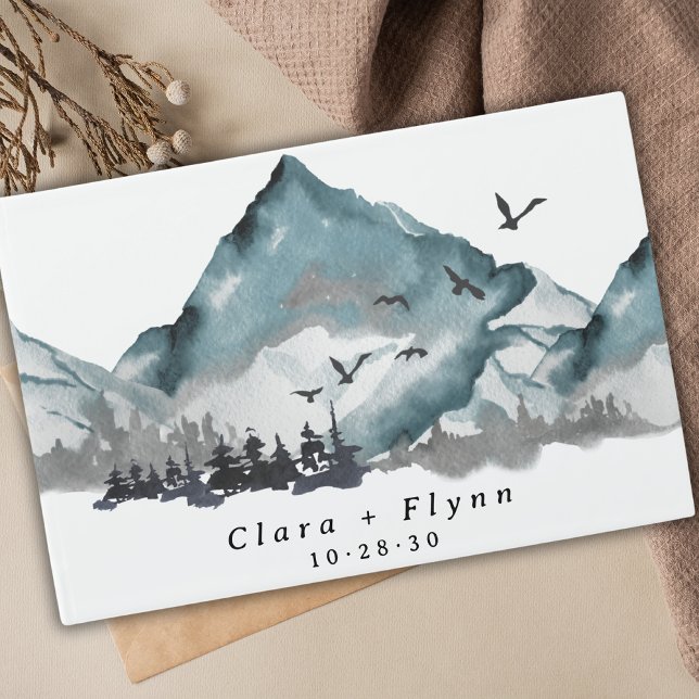 Elegant Boho Blue Mountain Forest Wedding Gästebuch (Von Creator hochgeladen)