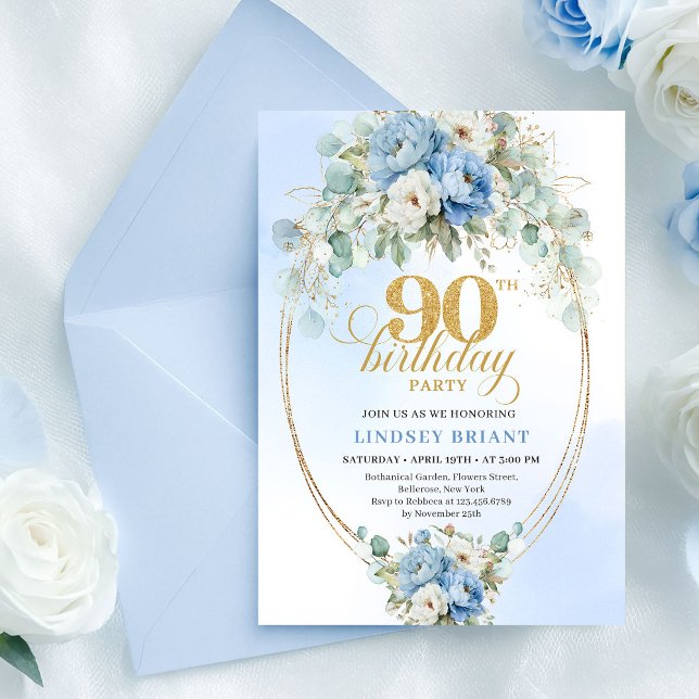 Elegant Boho Blue Peonies 90th Birthday Invitation Einladung (Elegant Boho Blue Peonies 90th Birthday Invitation)