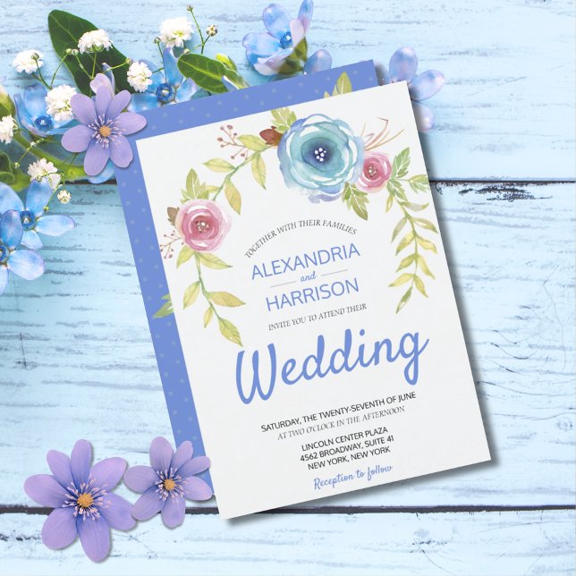 Elegant Boho Blue Pink Rose Blumenstrauß Hochzeit Einladung (Elegant Boho Blue Pink Rose Floral Wedding Invitation)