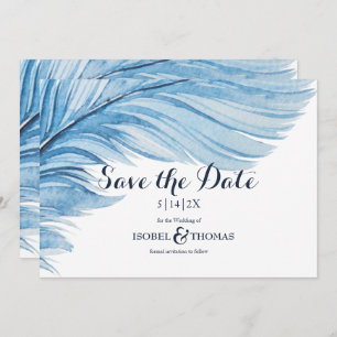 Elegant Boho Blue Watercolor Abstrakt Feather Save The Date