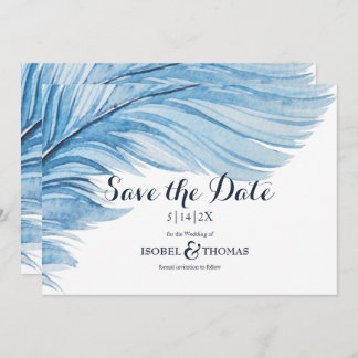 Elegant Boho Blue Watercolor Abstrakt Feather Save The Date