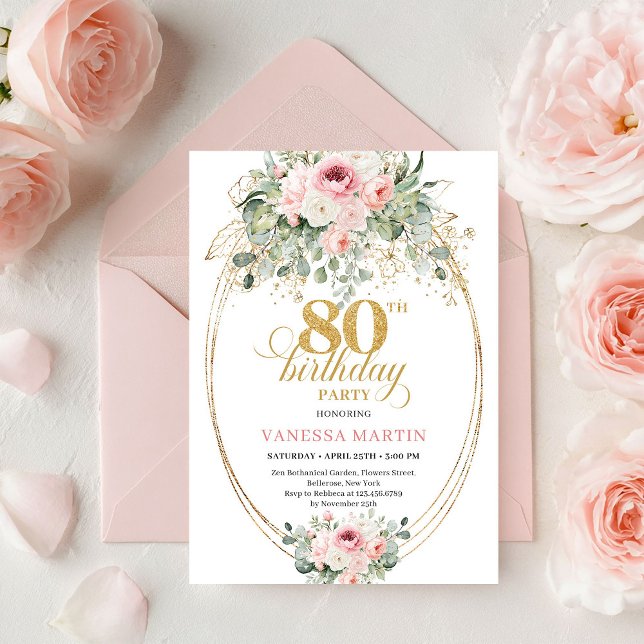 Elegant Boho Blush Roses 80th Birthday Invitation  Einladung (Elegant Boho Blush Roses 80th Birthday Invitation Card

)