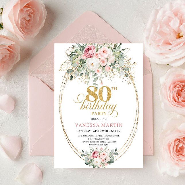 Elegant Boho Blush Roses 80th Birthday Invitation  Einladung (Elegant Boho Blush Roses Greenery Gold 80th Birthday)
