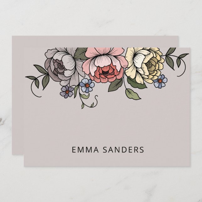 Elegant Boho Botanical Florals Gray Personalisiert Mitteilungskarte (Vorne/Hinten)