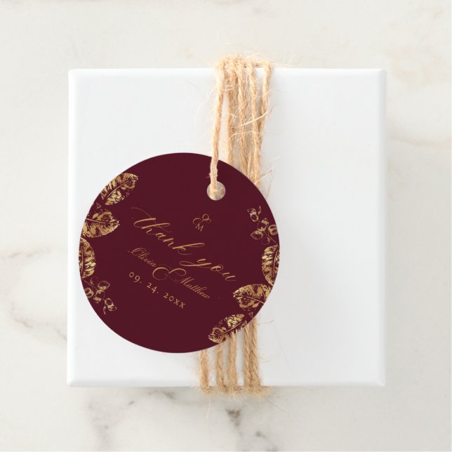 Elegant Boho | Burgund und Gold Herbsthochzeit Geschenkanhänger (Beispiel)