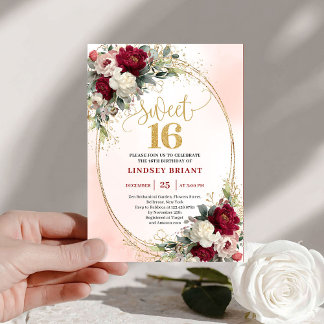 Elegant Boho Burgunder Gold Blumen 16. Geburtstag Einladung
