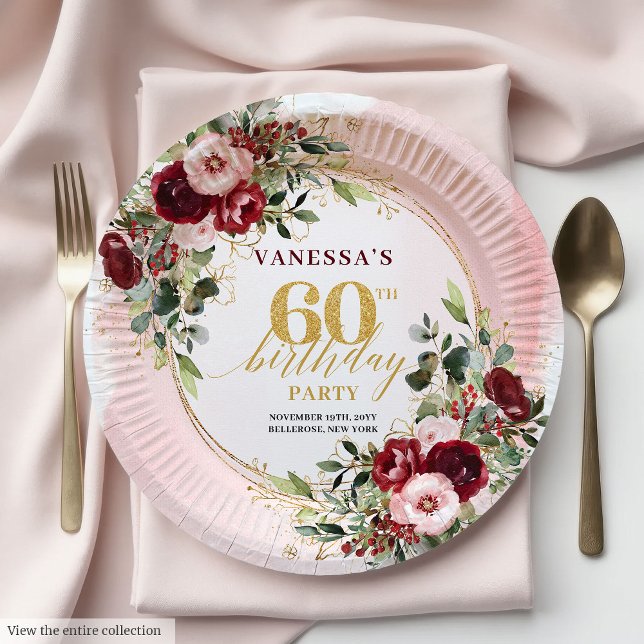 Elegant Boho Burgunder Gold Blumen 60. Geburtstag Pappteller (Elegant Boho Burgundy Gold Floral 60th Birthday Plates)