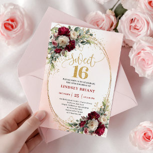 Elegant Boho Burgunder Gold Blumen Sweet Sixteen Einladung