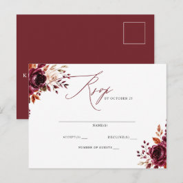 Elegant Boho Burgunderrot Herbst Floral RSVP Postkarte