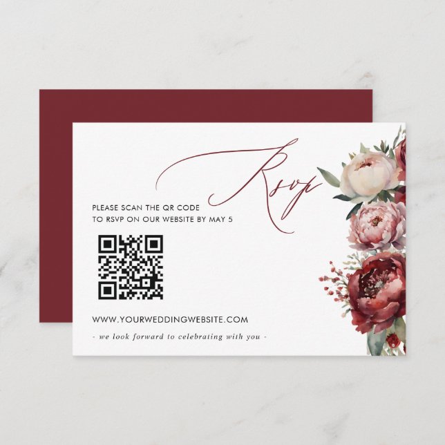 Elegant Boho Burgundy Blush Floral QR CODE RSVP Karte (Vorne/Hinten)