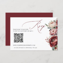 Elegant Boho Burgundy Blush Floral QR CODE RSVP Karte