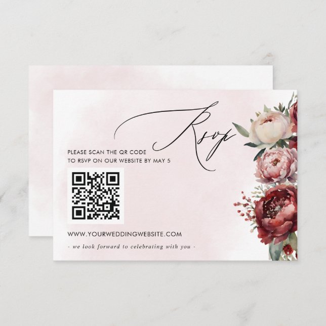 Elegant Boho Burgundy Blush Floral QR CODE RSVP Karte (Vorne/Hinten)