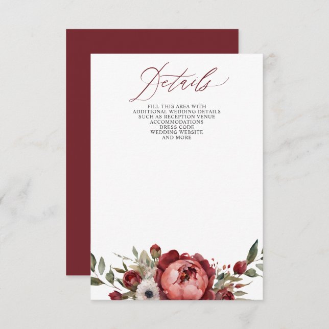 Elegant Boho Burgundy Blush Floral Wedding Begleitkarte (Vorne/Hinten)