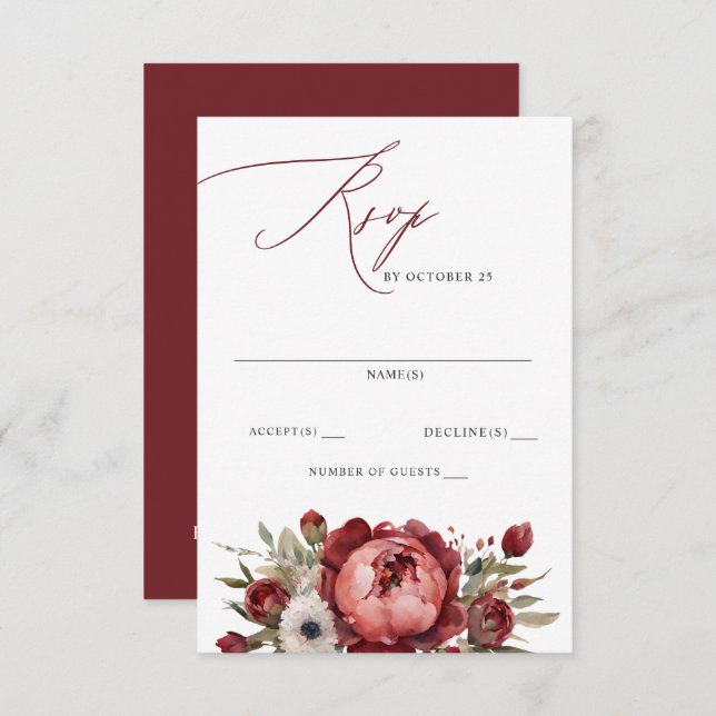 Elegant Boho Burgundy Blush Floral Wedding RSVP Karte (Vorne/Hinten)