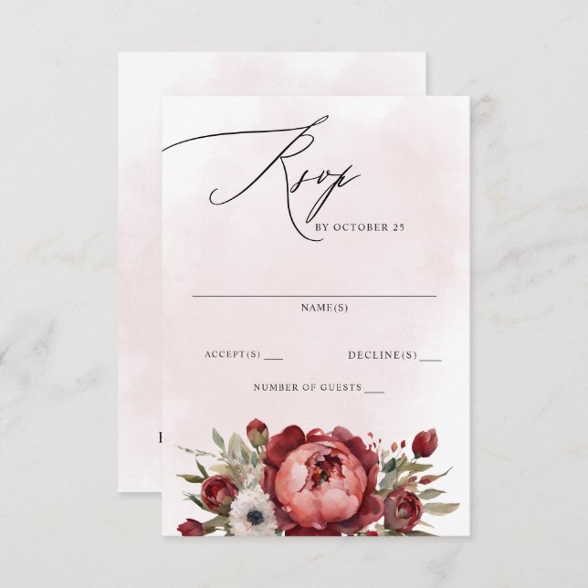 Elegant Boho Burgundy Blush Floral Wedding RSVP Karte (Vorne/Hinten)