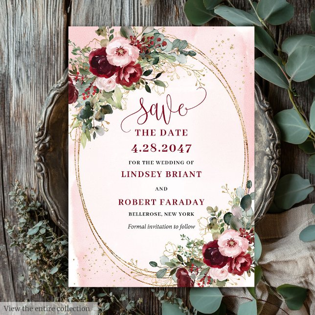 Elegant Boho Burgundy Blush Gold Floral Save Date Einladung (Elegant Boho Burgundy Blush Gold Floral Save Date)
