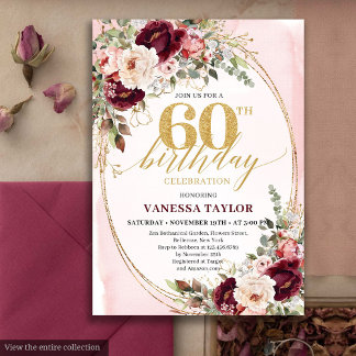 Elegant Boho Burgundy Blush Roses 60th Birthday Einladung