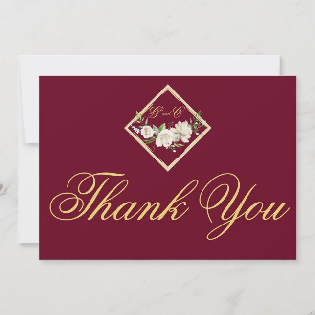 Elegant Boho Burgundy Floral Gold Wedding Monogram Dankeskarte (Vorderseite)