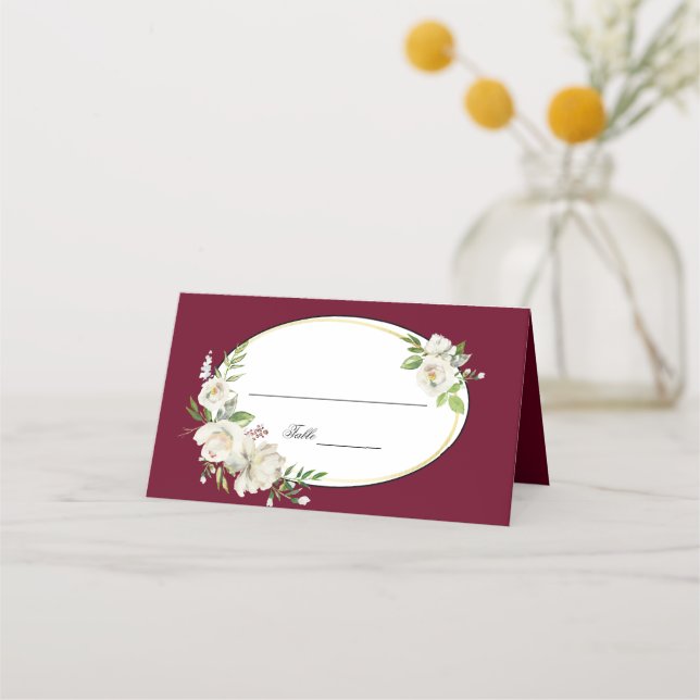 Elegant Boho Burgundy Floral Gold Wedding Monogram Platzkarte (Vorderseite)
