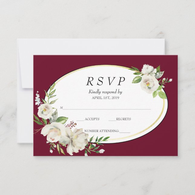 Elegant Boho Burgundy Floral Gold Wedding RSVP Karte (Vorderseite)