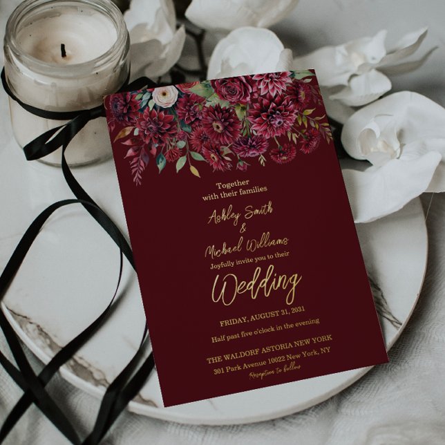 Elegant Boho Burgundy Formal Floral Wedding Folieneinladung (Von Creator hochgeladen)