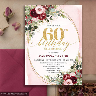 Elegant Boho Burgundy Gold Floral 60th Birthday Einladung