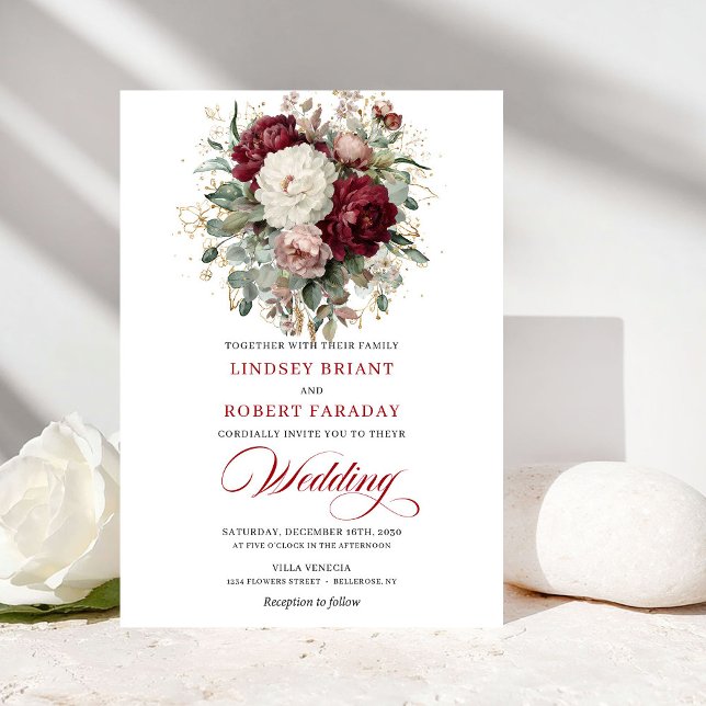 Elegant Boho Burgundy White Floral Gold Wedding  Einladung (Elegant Boho Burgundy White Floral Gold Wedding Invitation)