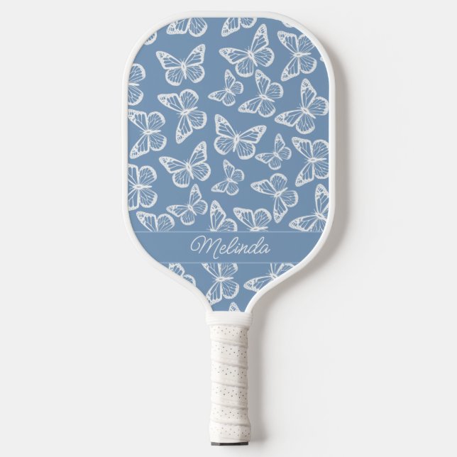 Elegant Boho Butterfly Powder Blue Fügen Sie Ihren Pickleball Schläger (Vorderseite)