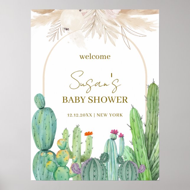 Elegant Boho Cactus Arch Baby Shower Willkommen Poster (Vorne)