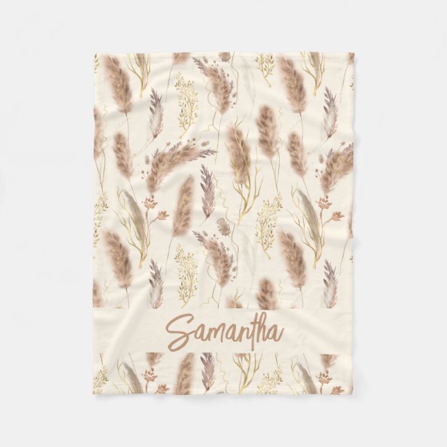 Elegant Boho Chic Pampas Grass Muster Beige Creme Fleecedecke (Vorderseite)